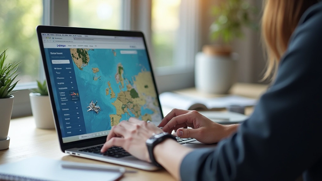 Laptop scherm met interactieve kaart en boekingformulier voor reiswebsite